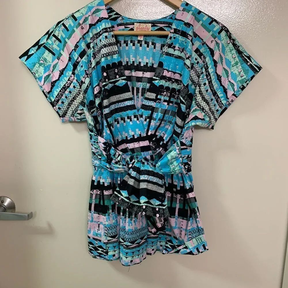 Plenty by Tracy Reese V-Neck Tie Front Print Blouse M NWOT